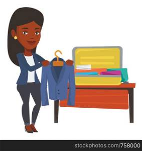 African-american woman putting a jacket into a suitcase. Woman packing her clothes in an opened suitcase. Woman preparing for vacation. Vector flat design illustration isolated on white background.. Woman packing her suitcase vector illustration.