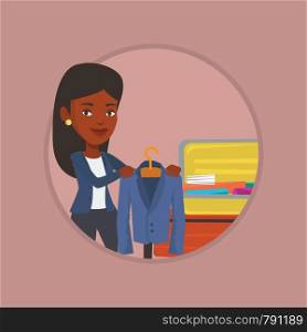 African-american woman putting a jacket into a suitcase. Woman packing clothes in an opened suitcase. Woman preparing for vacation. Vector flat design illustration in the circle isolated on background. Woman packing his suitcase vector illustration.