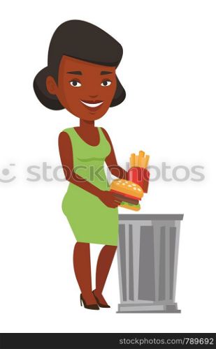 African-american woman putting junk food into a trash bin. Woman refusing to eat junk food. Woman throwing away junk food. Diet concept. Vector flat design illustration isolated on white background.. Woman throwing junk food vector illustration.