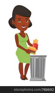 African-american woman putting junk food into a trash bin. Woman refusing to eat junk food. Woman throwing away junk food. Diet concept. Vector flat design illustration isolated on white background.. Woman throwing junk food vector illustration.