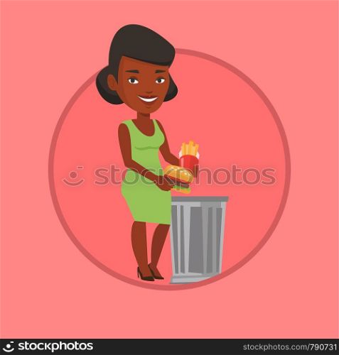 African-american woman putting junk food into trash bin. Woman refusing to eat junk food. Woman rejecting junk food. Diet concept. Vector flat design illustration in the circle isolated on background.. Woman throwing junk food vector illustration.