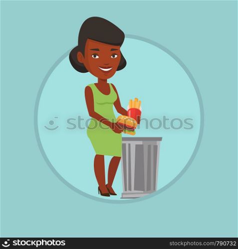 African-american woman putting junk food into trash bin. Woman refusing to eat junk food. Woman rejecting junk food. Diet concept. Vector flat design illustration in the circle isolated on background.. Woman throwing junk food vector illustration.