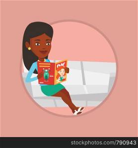 African-american woman reading a magazine. Woman sitting on a sofa and reading a magazine. Woman sitting on couch with magazine. Vector flat design illustration in the circle isolated on background.. Woman reading magazine on sofa vector illustration