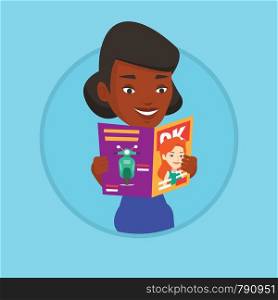 African-american woman reading a magazine. Young woman standing with magazine in hands. Happy woman reading good news in magazine. Vector flat design illustration in the circle isolated on background.. Woman reading magazine vector illustration.