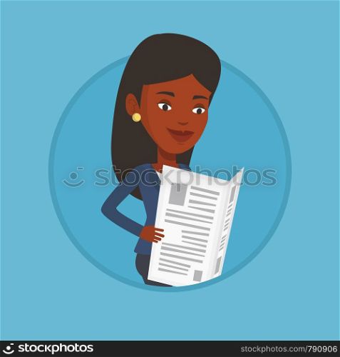 African-american woman reading the newspaper. Young woman reading good news in newspaper. Woman standing with newspaper in hands. Vector flat design illustration in the circle isolated on background.. Woman reading newspaper vector illustration.