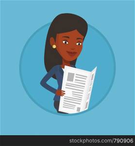 African-american woman reading the newspaper. Young woman reading good news in newspaper. Woman standing with newspaper in hands. Vector flat design illustration in the circle isolated on background.. Woman reading newspaper vector illustration.