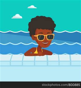 African-american woman relaxing in swimming pool at resort. Young woman bathing in swimming pool. Woman swimming and relaxing in pool on summer vacation. Vector flat design illustration. Square layout. Smiling young woman in swimming pool.