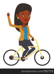 African-american woman riding a bicycle. Cyclist riding bicycle and waving hand. Young woman on a bicycle. Healthy lifestyle concept. Vector flat design illustration isolated on white background.. Woman riding bicycle vector illustration.