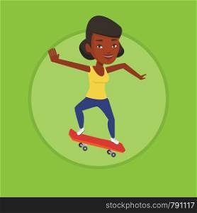 African-american woman riding a skateboard. Sportswoman skateboarding. Skater riding a skateboard. Woman jumping with skateboard. Vector flat design illustration in the circle isolated on background.. Woman riding skateboard vector illustration.