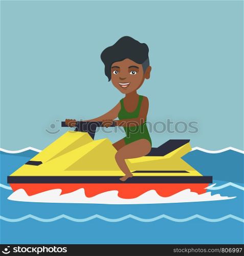 African-american woman riding a water scooter in the sea during summer vacation. Young woman sitting on a water scooter. Sport and leisure activity concept. Vector cartoon illustration. Square layout.. African-american woman riding a water scooter.