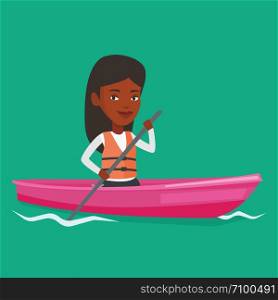 African-american woman riding in a kayak in the river. Woman with skull in hands traveling by kayak. Female kayaker paddling. Woman paddling a canoe. Vector flat design illustration. Square layout.. Woman riding in kayak vector illustration.