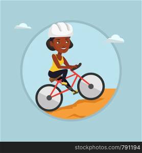 African-american woman riding on mountain bike. Young female tourist in helmet traveling in the mountains on a mountain bike. Vector flat design illustration in the circle isolated on background.. Young woman on bicycle traveling in the mountains.