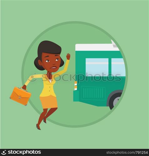 African-american woman running for an outgoing bus. Young woman running to catch bus. Sad latecomer woman running to reach a bus. Vector flat design illustration in the circle isolated on background.. Latecomer woman running for the bus.