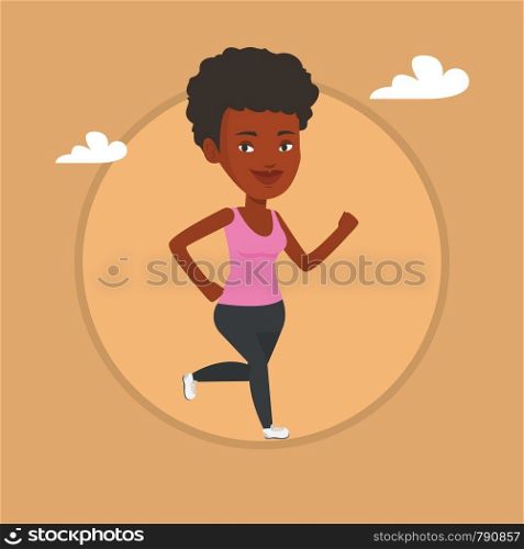 African-american woman running. Young woman jogging. Full length of a smiling woman running. Sportswoman in sportswear running. Vector flat design illustration in the circle isolated on background.. Young woman running vector illustration.