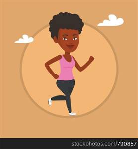 African-american woman running. Young woman jogging. Full length of a smiling woman running. Sportswoman in sportswear running. Vector flat design illustration in the circle isolated on background.. Young woman running vector illustration.