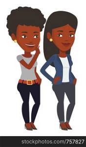 African-american woman shielding her mouth and whispering a gossip to her friend. Two women sharing gossips. Friends discussing gossips. Vector flat design illustration isolated on white background.. One woman whispering to another gossip.