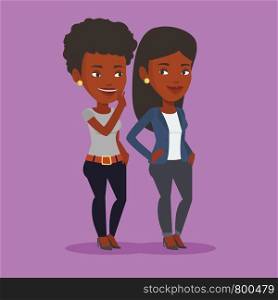 African-american woman shielding her mouth and whispering a gossip to her friend. Two happy women sharing gossips. Smiling friends discussing gossips. Vector flat design illustration. Square layout.. One woman whispering to another gossip.