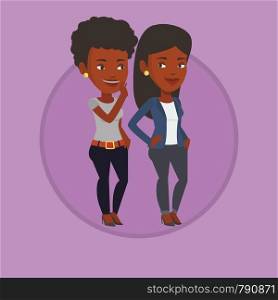 African-american woman shielding mouth and whispering a gossip to friend. Two women sharing gossips. Friends discussing gossips. Vector flat design illustration in the circle isolated on background.. One woman whispering to another secret.