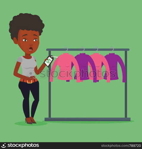 African-american woman shocked by price tag in clothing store. Surprised woman looking at price tag in clothing store. Amazed woman staring at price tag. Vector flat design illustration. Square layout. Woman shocked by price tag in clothing store.