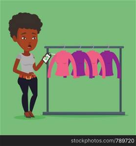 African-american woman shocked by price tag in clothing store. Surprised woman looking at price tag in clothing store. Amazed woman staring at price tag. Vector flat design illustration. Square layout. Woman shocked by price tag in clothing store.