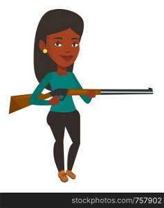 African-american woman shooting skeet with shotgun. Female hunter ready to hunt with hunting rifle. Young woman aiming with a hunter gun. Vector flat design illustration isolated on white background.. Hunter ready to hunt with hunting rifle.