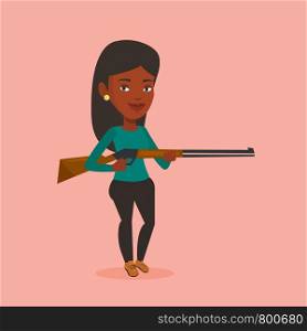 African-american woman shooting skeet with shotgun. Hunter ready to hunt with hunting rifle. Woman aiming with a hunter gun. Hunter holding a long rifle. Vector flat design illustration. Square layout. Hunter ready to hunt with hunting rifle.