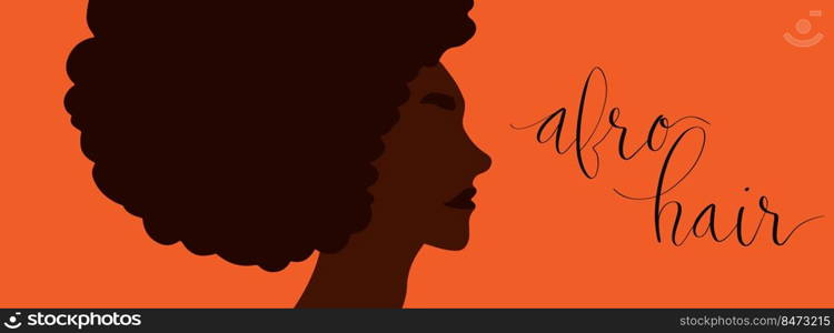  African american woman side view portrait. Afro hair handwritten lettering vector. Web banner template.. African american woman side view portrait. Afro hair handwritten lettering vector