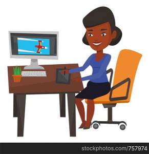 African-american woman sitting at desk and drawing on graphics tablet. Graphic designer using a digital graphics tablet, computer and pen. Vector flat design illustration isolated on white background.. Designer using digital graphics tablet.