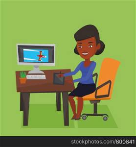 African-american woman sitting at desk and drawing on graphics tablet. Young graphic designer using a digital graphics tablet, computer and pen. Vector flat design illustration. Square layout.. Designer using digital graphics tablet.