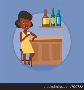 African-american woman sitting at the bar counter. Woman sitting with glass in bar. Woman celebrating with an alcohol drink in bar. Vector flat design illustration in the circle isolated on background. Woman sitting at the bar counter.