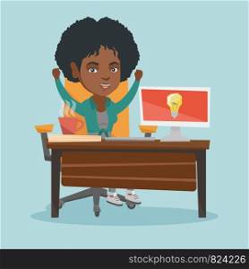 African-american woman sitting at workplace with raised hands because she came up with successful business idea. Business woman working on new business idea. Vector cartoon illustration. Square layout. African-american happy woman having business idea.