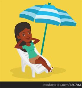 African-american woman sitting in a beach chair. Woman resting on holiday while sitting under umbrella on a beach chair. Woman relaxing on a beach chair. Vector flat design illustration. Square layout. Woman relaxing on beach chair vector illustration.