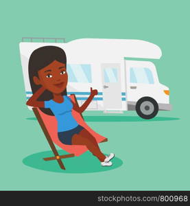 African-american woman sitting in a folding chair and giving thumb up on the background of camper van. Young woman enjoying her vacation in camper van. Vector flat design illustration. Square layout.. Woman sitting in chair in front of camper van.