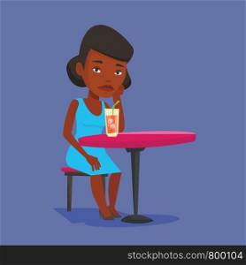 African-american woman sitting in bar and drinking cocktail. Sad woman sitting alone in bar with cocktail on the table. Woman drinking cocktail in bar. Vector flat design illustration. Square layout.. Woman drinking cocktail at the bar.