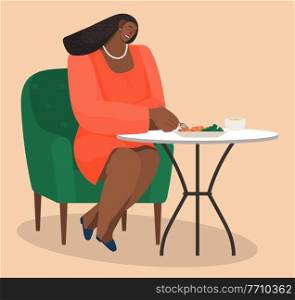 African american woman sitting in cozy armchair at home at a table eating salad vector illustration. Female character having lunch in a restaurant. Moden girl is having dinner in a cafe at small table. African american woman sitting in cozy armchair at a table eating salad in a restaurant or cafe