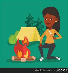 African-american woman sitting near campfire. Woman roasting marshmallow over campfire. Tourist relaxing near campfire on the background of camping site. Vector flat design illustration. Square layout. Woman roasting marshmallow over campfire.