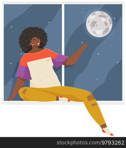 African American woman sitting near window and relaxing. Girl sitting on windowsill points to moon. Female character spends time at home, rests at night. Night sky, moon, view from window concept. Girl sitting on windowsill points to moon outside window. Woman spends time at home, rests at night