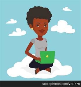 African-american woman sitting on a cloud with laptop. Woman using cloud computing technology. Woman working on computer. Concept of cloud computing . Vector flat design illustration. Square layout.. Woman using cloud computing technology.