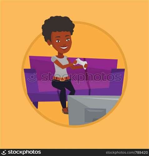 African-american woman sitting on a sofa and playing video game on the television. Woman with console in hands playing video game. Vector flat design illustration in the circle isolated on background.. Woman playing video game vector illustration.