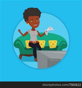 African-american woman sitting on a sofa and playing video game on the television. Woman with console in hands playing video game. Vector flat design illustration in the circle isolated on background. Woman playing video game vector illustration.