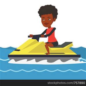 African-american woman sitting on water scooter. Woman riding on a water scooter in the sea at summer day. Woman training on water scooter. Vector flat design illustration isolated on white background. African-american woman training on jet ski in sea.