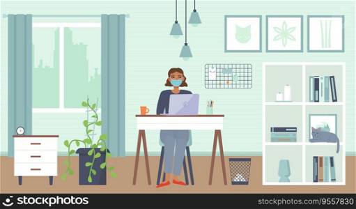 African american woman sitting with laptop at home with mask. Cozy interior. Home office, Working at home, freelance, remote work,online education,quarantine covid-19 concept.Stock vector illustration. African american woman sitting with laptop at home with mask. Cozy interior. Home office, Working home, freelance, remote work,online education, quarantine covid-19 concept.Stock vector illustration.