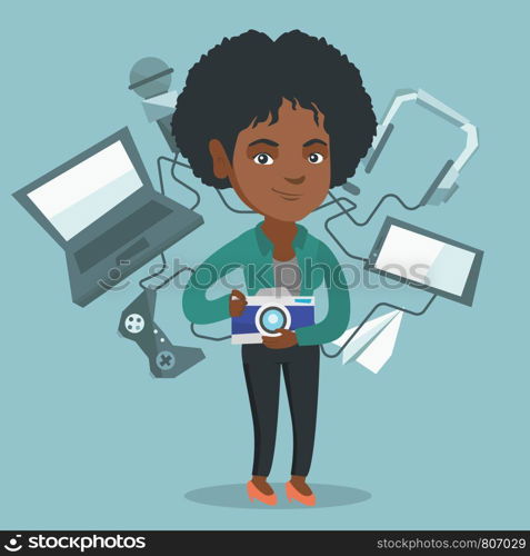 African-american woman standing among gadgets and taking photo with a digital camera. Woman using many electronic gadgets. Girl addicted to modern gadgets. Vector cartoon illustration. Square layout.. Young african-american woman surrounded by gadgets