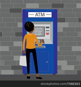 African-American woman standing near ATM machine,brick wall on background, vector illustration