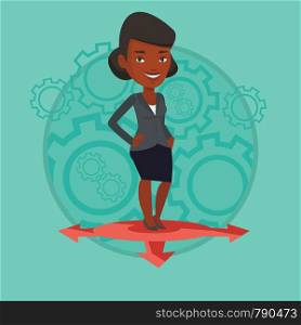 African-american woman standing on three alternative career ways. Smiling woman choosing career way. Concept of career choices. Vector flat design illustration in the circle isolated on background.. Woman choosing career way vector illustration.