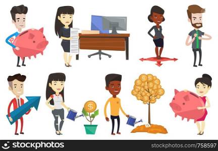 African-american woman standing on three alternative career ways. Young woman choosing career way. Concept of career choices. Set of vector flat design illustrations isolated on white background.. Vector set of business characters.
