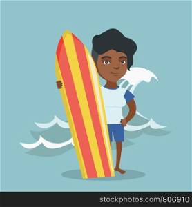 African-american woman standing with a surf board on the beach. Full length of young surfer holding a surf board on the background of sea wave. Vector cartoon illustration. Square layout.. Young african-american surfer holding a surfboard.