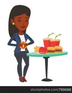 African-american woman suffering from heartburn. Woman having stomach ache from heartburn. Woman having stomach ache after fast food. Vector flat design illustration isolated on white background.. Woman suffering from heartburn vector illustration