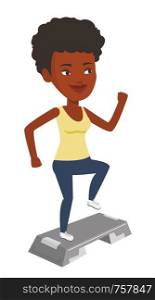 African-american woman training with stepper in gym. Woman doing step exercises. Woman working out with stepper. Girl standing on stepper. Vector flat design illustration isolated on white background.. Woman exercising on steeper vector illustration.
