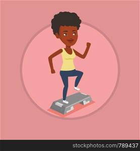 African-american woman training with stepper in the gym. Woman working out with stepper in gym. Sportswoman standing on stepper. Vector flat design illustration in the circle isolated on background.. Woman exercising on steeper vector illustration.